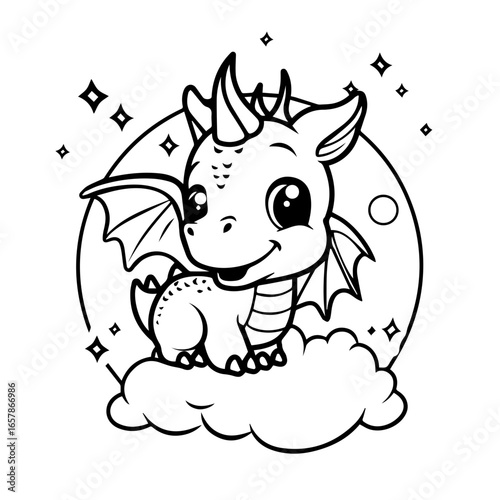 Cute dragon character with wings and a playful expression surrounded by stars in a whimsical setting