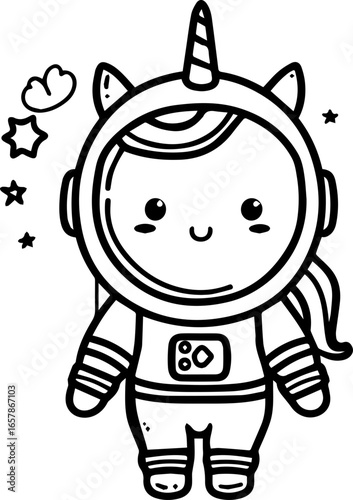 Cute unicorn astronaut character exploring space with stars and clouds around, showcasing adventure and creativity for kids and fans of space themes