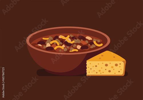 Bowl of chili next to cornbread on brown, for food blog posts or recipes