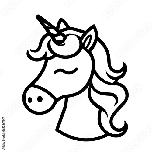 Black vector illustration of a stylized unicorn head with flowing mane and a spiral horn design featuring playful facial expression