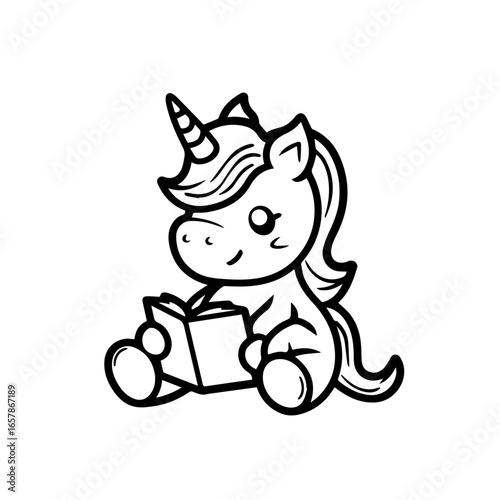 Charming unicorn character reading a book, illustrating a joyful moment of imagination and learning