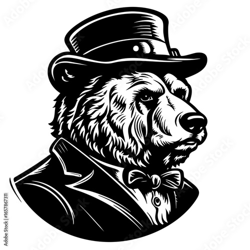 Elegant bear in a top hat and tuxedo displaying a sophisticated and charming expression, perfect for artistic designs and logos