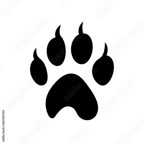 Stylized black vector of a paw print depicting five pads and claws in an artistic design appealing to animal lovers