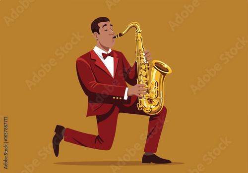 Performer Plays Saxophone, Brown Background for Music Ad