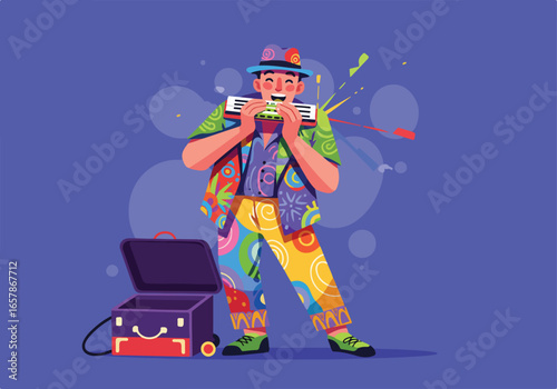 Musician playing harmonica, suitcase & musical notes behind, promo material