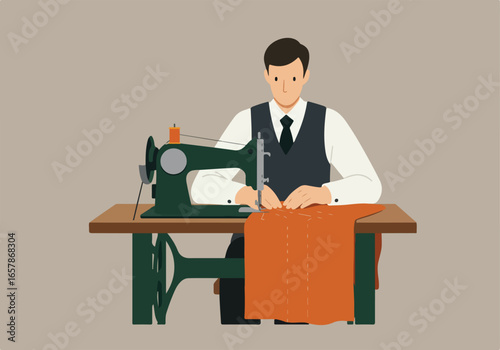 Tailor sewing cloth on machine, retro desk, background is neutral. Fashion concept