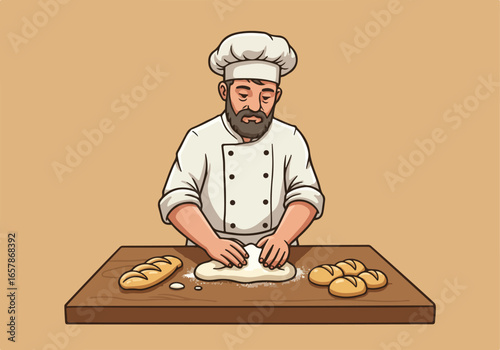 Chef kneading dough for bread on table in studio to use in cookbooks