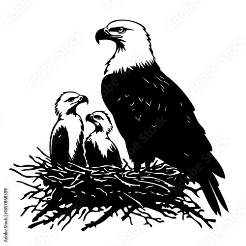 Eagle family nurturing young chicks in a nest showcasing wildlife in nature