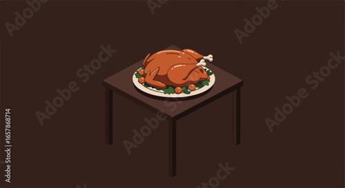 Roasted turkey sits on a table; a meal ready for a holiday, in a brown interior