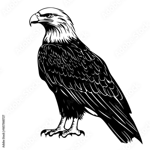 Majestic eagle standing proud with detailed feathers and poised expression, showcasing strength and grace in wildlife art
