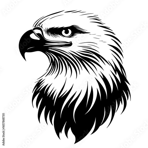Majestic black vector illustration of a detailed eagle head showcasing dynamic feathers and fierce expression