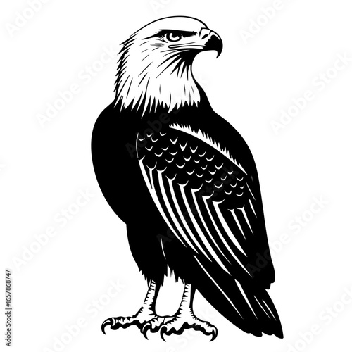 Bold black vector illustration of a powerful eagle showcasing detailed feathers and fierce expression