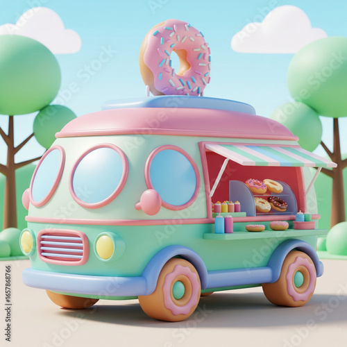 Cute 3D cartoon food truck selling donuts, round chubby design, colorful pastel colors, giant donut on the roof, playful and funny, smooth rounded shapes