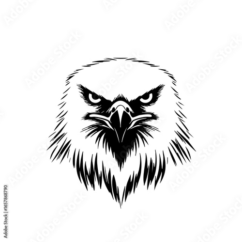 Fierce black vector illustration of a hawk's head capturing its intense gaze and intricate feather details