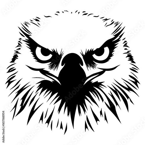 Fierce black owl head vector with intense gaze showcasing detailed feathers and sharp features