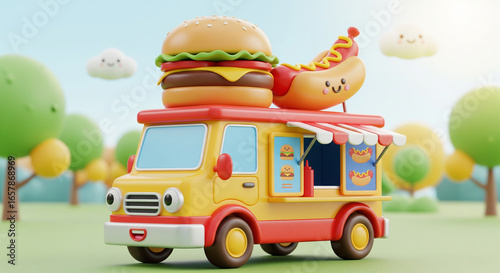 Adorable 3D cartoon food truck selling burgers and hotdogs, bright colorful palette, smooth rounded design, giant burger and hotdog on the roof, fun and cute
