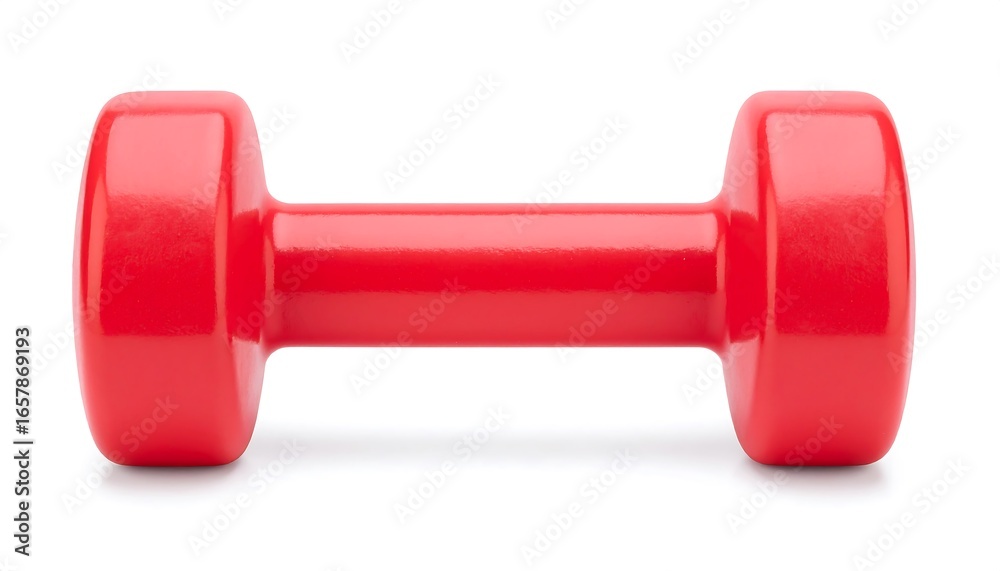 Obraz premium A vibrant red dumbbell is centrally positioned against a stark white background.