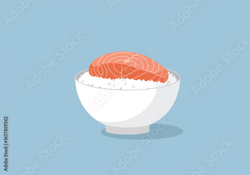 Salmon fillet on rice in bowl, on light blue background, for recipe illustration