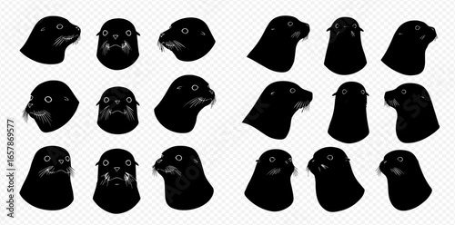 A set of isolated black seal head illustrations from various angles, showing different perspectives and rotations.