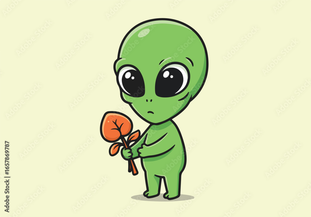 Obraz premium Alien hugs sprout for Earth day, promoting peace. Beige background. Cute