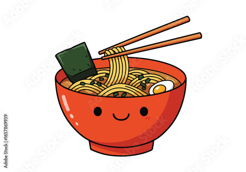 Smiling cartoon bowl of ramen noodles being eaten with chopsticks. Isolated