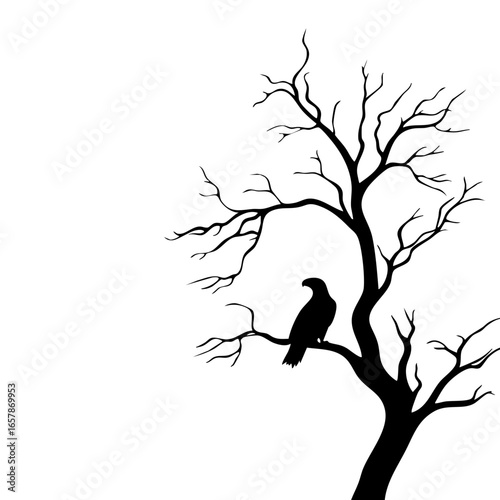 Silhouette of a bird perched on a bare tree branch against a stark design