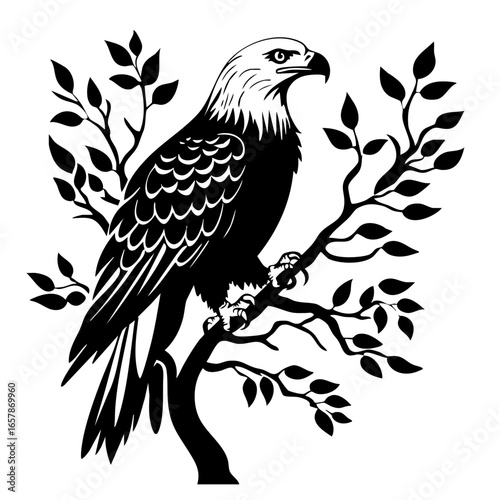 Eagle perched on a tree branch surrounded by leaves in a striking black vector design displaying natural grace and power