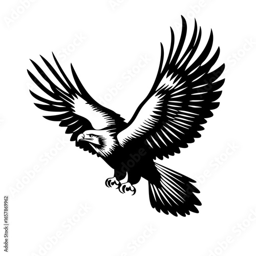 Majestic black eagle soaring through the sky with wide-open wings in a powerful display of grace and strength