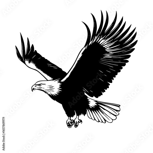 Majestic eagle soaring through the sky with wings outstretched and sharp gaze, symbolizing freedom and strength