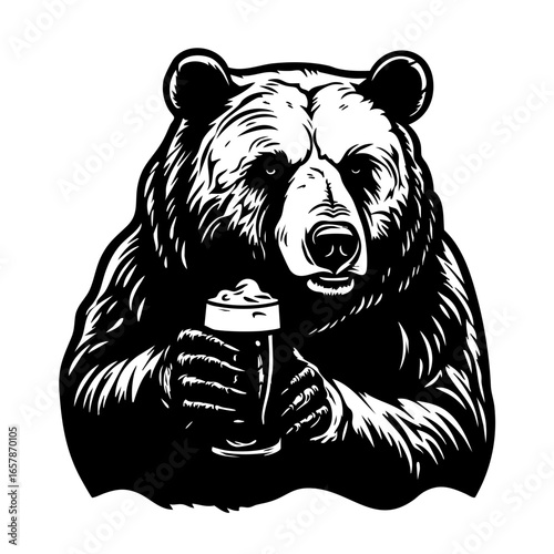 Bear holding a beer in a casual setting depicting enjoyment and relaxation among nature's beauty