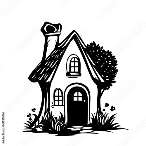 Charming small house with a thatched roof, surrounded by lush greenery and flowers, ideal for fairy tales or storybook themes
