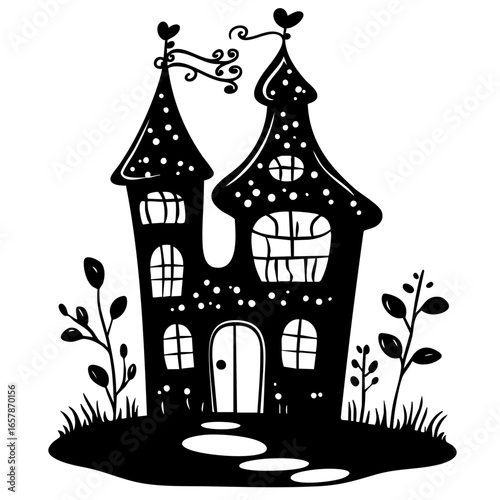 Charming black vector illustration of a whimsical house with playful details and decorative elements