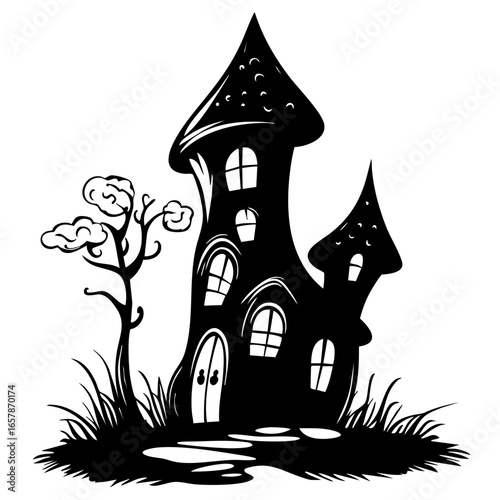 Unique black vector illustration of a whimsical house with pointed roofs, surrounded by trees and grass