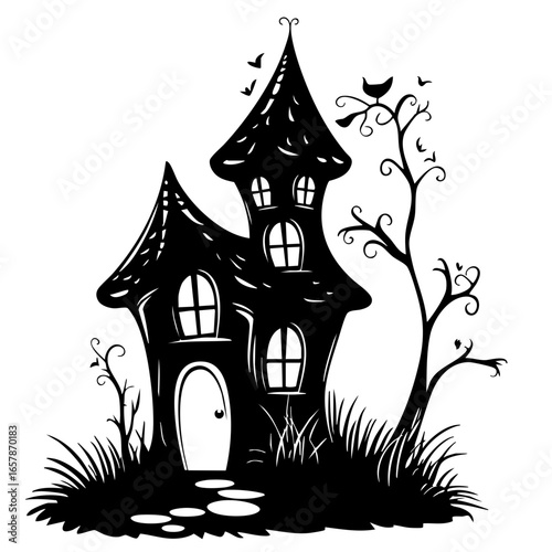 Charming black vector illustration of a whimsical haunted house with unique architecture and surrounding nature elements