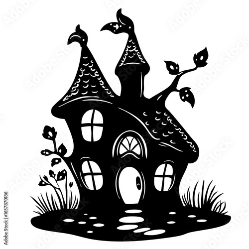 Charming black vector illustration of an enchanting house with whimsical features and garden details