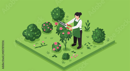 Person Pruning Roses in a Garden with Bushes for Landscaping Illustration