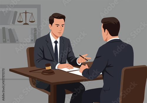 Two professionals discussing business deal in legal office. Scales and books behind