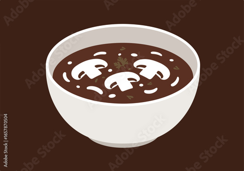 Mushroom soup in a bowl, prepared on a dark surface, simple graphic design for menu