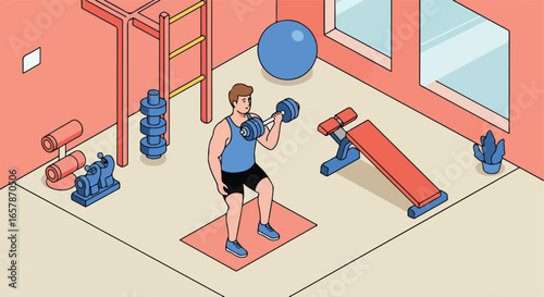 Man lifting dumbbell in gym. Sports ball, bench, weights, ladder in room. Fitness concept
