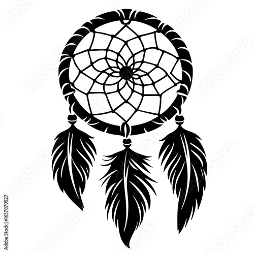 Dream catcher design featuring intricate web patterns and decorative feathers in black vector style