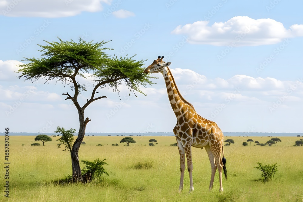 Obraz premium Majestic Giraffe Grazing Under Acacia Tree in African Savannah