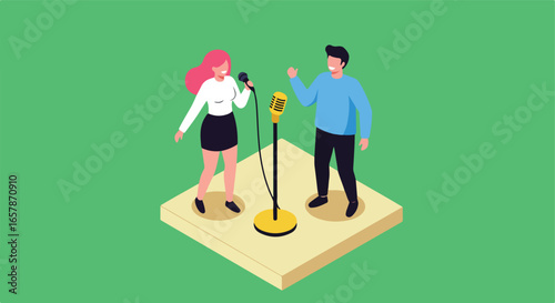 Isometric duet singing live on stage for karaoke night with green background