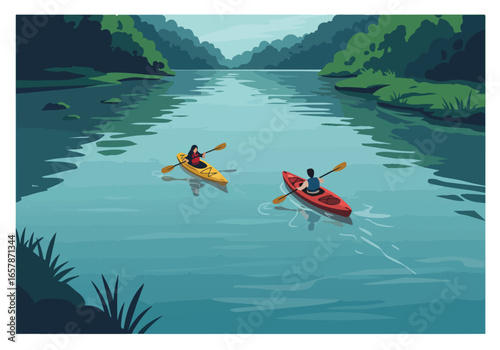 Couple kayaking river, using paddles with mountain and trees background; for travel use