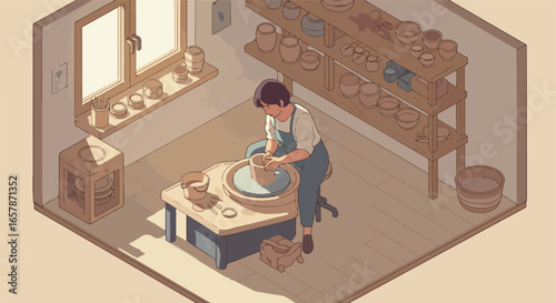 Woman Shapes Clay On Wheel in Pottery Studio, Shelves Display Finished Ceramics