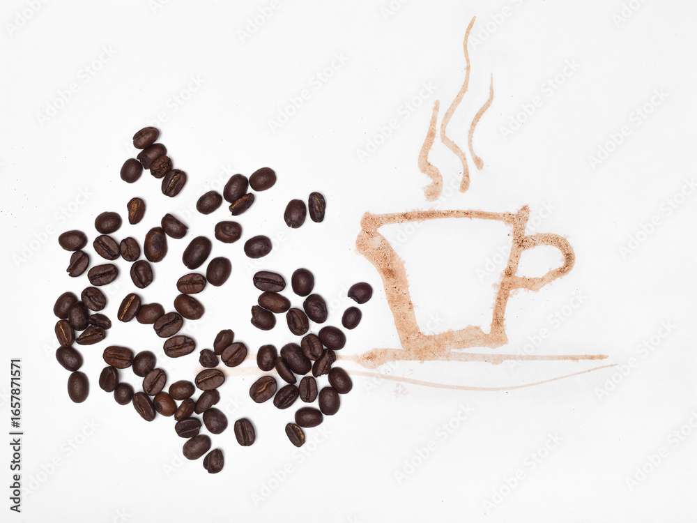 Obraz premium Coffee beans scattered beside a coffee-stained silhouette of a steaming cup.