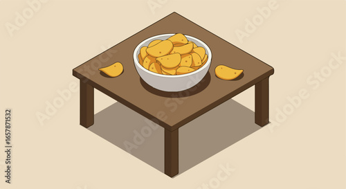 Illustration of chips in a bowl on a table, background plain, for a menu