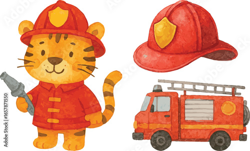 Collection of watercolor painted vector cartoon childish tiger firefighter with his stuff such as car and hat