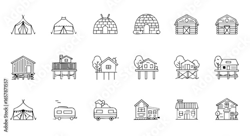Housing types black and white flat icon set vector isolated