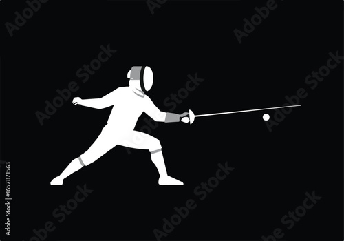 Fencer Lunge Attack With Sword on Dark Field. Art for Sport Games Poster