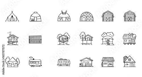 Housing types black and white flat icon set vector isolated